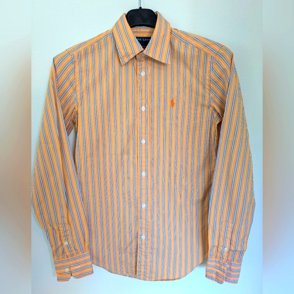 Ralph Lauren Slim Fit Shirt Women 2 Coral White Striped Long Sleeve Button Down - Picture 1 of 13